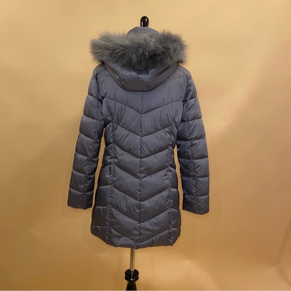 🛍️ Kenneth Cole New York Gray Chevron Puffer Long Winter Coat Jacket Fur Trim S - Picture 9 of 12